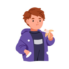 Cute kid eating banana. Child with healthy natural snack, sweet vitamin food in hand. Happy little boy chewing food, organic vitamin dessert. Flat vector illustration isolated on white background