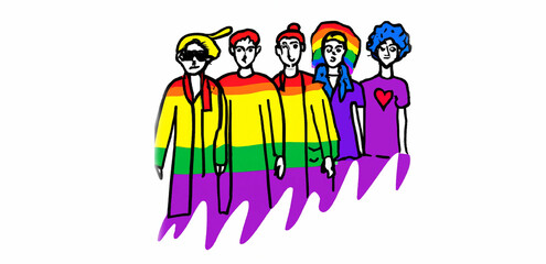 Obraz na płótnie Canvas Pride parade. A group of people participating in a Pride parade. LGBT community. LGBTQ. Doodle vector illustration