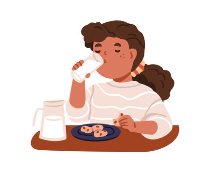 Kid eating cookies, drinking milk from glass. Girl, little child with sweet dessert, snack. Hungry schoolkid having meal, breakfast at table. Flat vector illustration isolated on white background