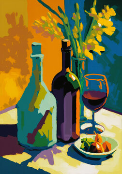still life with wine and flowers, colourful art, generative ai