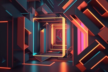 A dark room with a glowing tunnel and lights cyberpunk style