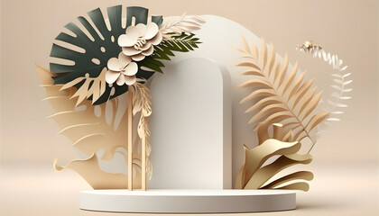 3D render of minimal background abstract with monstera leaf, Cosmetic display. Generative Ai.