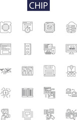 Chip line vector icons and signs. Chips, Computer, Circuit, Silicon, Card, Credit, Security, Processor outline vector illustration set