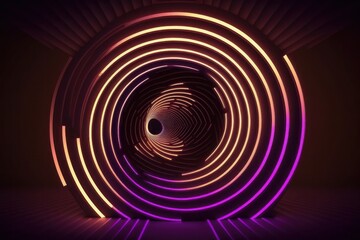 Naklejka premium A dark room with a glowing tunnel and lights cyberpunk style