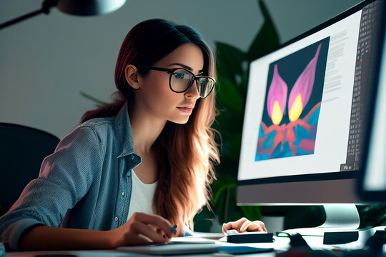 Young beautiful graphic designer employee wearing glasses working on computer screen.Computer and web design concept.Work from home graphic design jobs.
