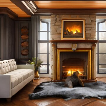 A Living Room With A Fireplace And A Bear Skin Rug In Front Of It3, Generative AI