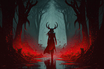 Fototapeta na wymiar witch girl devil in a red dress in forest. Generative AI illustration