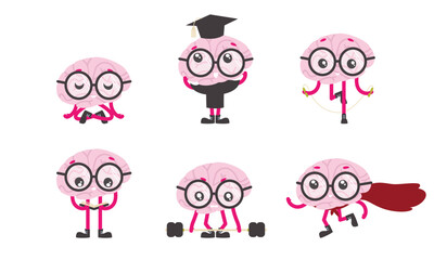 Brain in different poses. Cartoon fictional character.