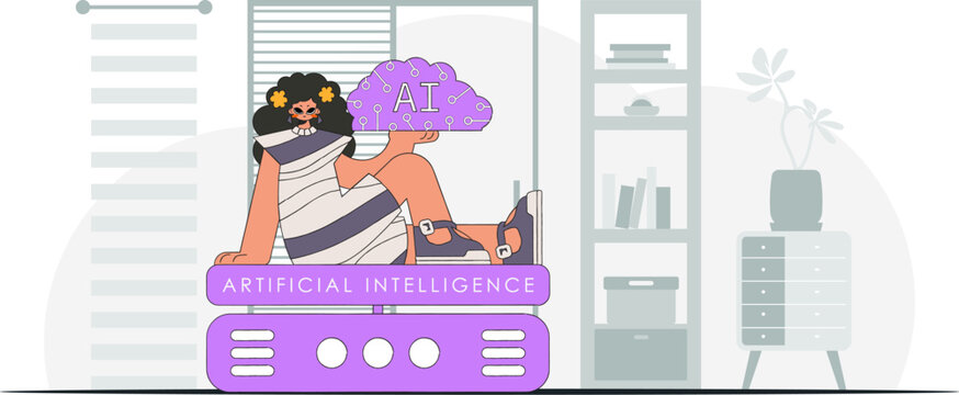 Girl holds AI brain, in a stylishly vectorised image.