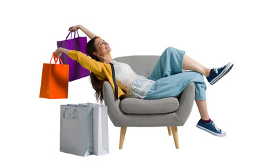 Cheerful shopaholic woman with shopping bags - 581345813