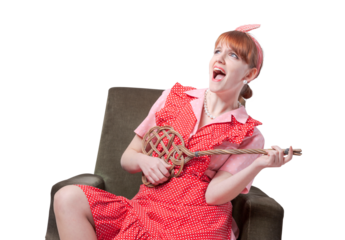 Funny retro housewife singing at home alone