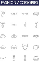 Fashion accesories line vector icons and signs. Sunglasses, Belts, Scarves, Hats, Brooches, Shoes, Wallets, Headbands outline vector illustration set - obrazy, fototapety, plakaty