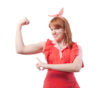 Confident housewife showing biceps and fist: women empowerment concept