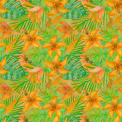 Seamless pattern with floral watercolor pattern with green tropical plants and orange lilies.