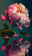 Melancholy romantic blooming peony in neon light with crystals on dark deep background, Generative AI