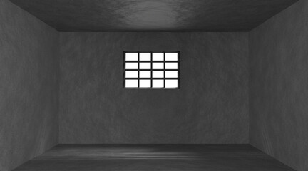 Prison cell with metal bars on window 3d render. Realistic interior of empty jail room with dark walls and sunlight on floor. Cage for criminals and prisoners incarceration punishment. 3D illustration