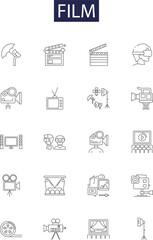 Film line vector icons and signs. Cinema, Movie-making, Movies, Flicks, Cinema-house, Blockbuster, Reel, Footage outline vector illustration set