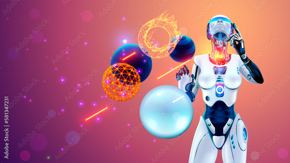 Aufkleber ai in image robot woman or female cyborg working in 3d virtual reality cyberspace. robotic lady look
