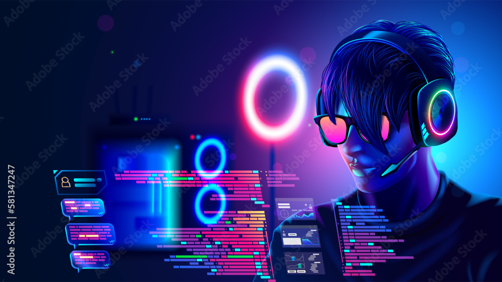 Aufkleber Programmer or coder programming on computer text of code of program. Portrait man working over laptop in dark room with neon lights. Guy with headset, glasses look at code on screen computer. Hacker.