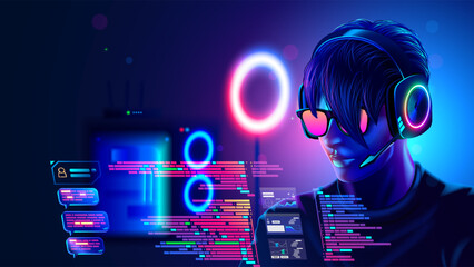 Programmer or coder programming on computer text of code of program. Portrait man working over laptop in dark room with neon lights. Guy with headset, glasses look at code on screen computer. Hacker.