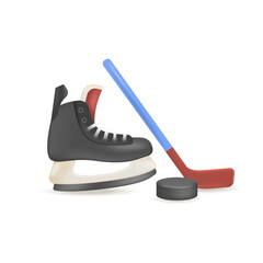Hockey stick, puck and skate 3D illustration. Cartoon drawing of equipment for hockey players in 3D style on white background. Sports, healthy lifestyle, recreation concept