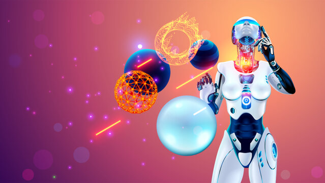 AI in image robot woman or female cyborg working in 3d virtual reality cyberspace. Robotic lady look at up, analysis geometrical spherical 3d diagram with datum. Illustration of woman cyborg with AI.