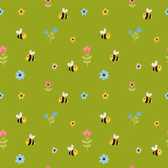 Vector color hand-drawn children cute easter seamless pattern with bees and flowers in scandinavian style. Easter colorful set. Doodle cartoon spring background. Happy easter.