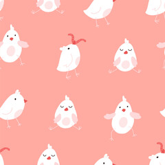 Seamless pattern with cute cartoon chicks. Easter festive illustration. Cute lovely family of domestic fowl or poultry birds. Childish flat cartoon vector illustration.