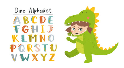 Vector funny comic Dino alphabet on a white background in cartoon style. Bright modern illustration with Girl in dinosaur or dragon costume with hood and tail