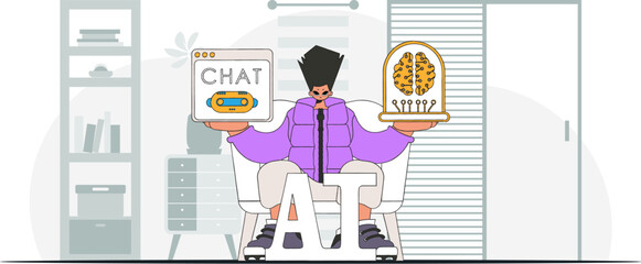 ﻿Vector illustration of man holding trendy AI brain.