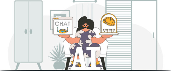 Girl sporting trendy AI brain, vector illustration.