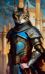 Fototapeta premium fantasy knight with armor and head in the shape of a cat, generative ai illustration, these depiction is fictitious and generated