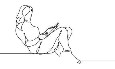 Continuous Single Line Drawing of Woman Reading a Book. Line Art Drawing Minimal Style of Reading Woman. Lifestyle Concept Vector Illustration
