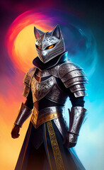 fantasy knight with armor and head in the shape of a cat, generative ai illustration, these depiction is fictitious and generated
