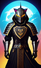 Fototapeta premium fantasy knight with armor and head in the shape of a cat, generative ai illustration, these depiction is fictitious and generated
