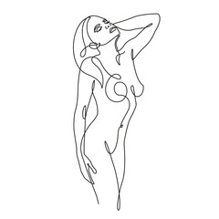 Line Art Drawing of Naked Woman Body. Woman Minimalistic Black Lines Drawing. Female Figure Continuous One Line Abstract Drawing. Modern Scandinavian Design. Naked Body Art. Vector Illustration. 