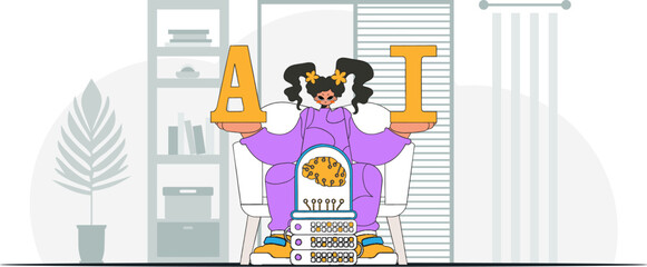 ﻿Girl in trendy style holds AI brain, vector illustration.
