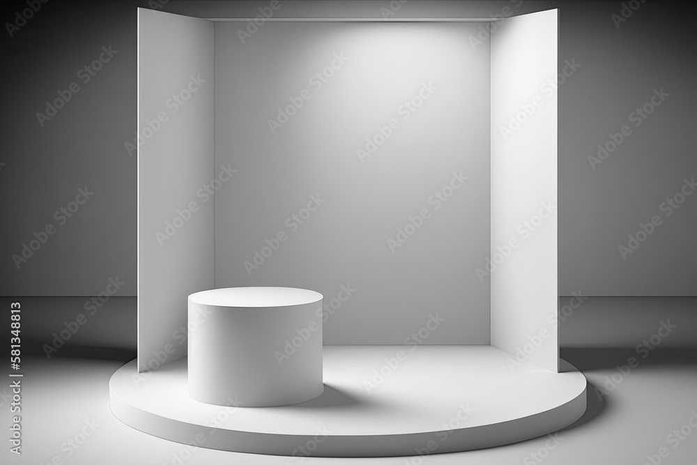Poster white product background or an empty, blank room with minimum shadows, window light, and a stage on 