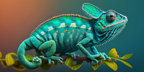 Rare Chameleon, tree, green, colorful, bokeh. with Generative AI technology