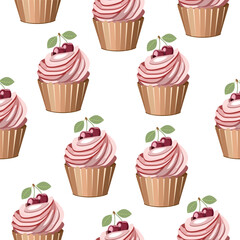 Seamless pattern delicious cream cake decorated with cherry on a white background.Vector pattern for textiles, paper.