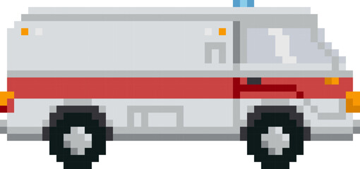 Obraz premium Ambulance car in pixel art style. Vector illustration.