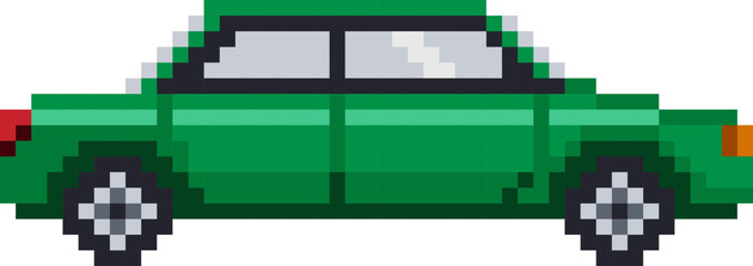 Illustration of green car in pixel art style. Vector illustration.