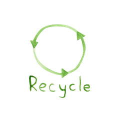 Recycle symbol in a round shape isolated. Green arrow and sign recycle. Green watercolor eco reuse clipart. Earth Day sign. Ecological icon for a resycled waste. Ecology illustration for your design.