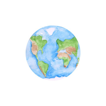 Earth's planet is isolated on a transparent background. Watercolor world map illustration. Colorful geography clipart. Earth Day icon. A blue planet with oceans and continents. Ecology sketch.