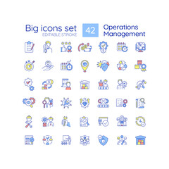 Operation management RGB color icons set. Business process administration. Maintenance and improvement. Isolated vector illustrations. Simple filled line drawings collection. Editable stroke