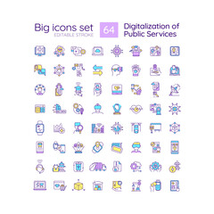 Fototapeta na wymiar Digitalization of public services RGB color icons set. Provide services online. Digital transformation. Isolated vector illustrations. Simple filled line drawings collection. Editable stroke