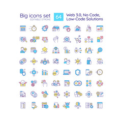 Low-code solutions RGB color icons set. No code tools. Web 3.0. Application development platform. Isolated vector illustrations. Simple filled line drawings collection. Editable stroke