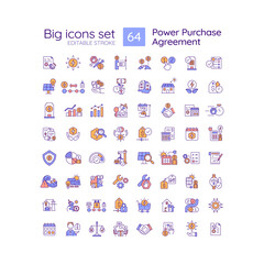 Power purchase agreement RGB color icons set. Alternative energy generation. Electricity supply. Isolated vector illustrations. Simple filled line drawings collection. Editable stroke