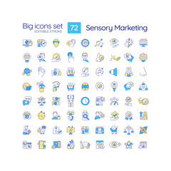 Sensory marketing RGB color icons set. Appeal to five senses. Business target audience. Product promotion. Isolated vector illustrations. Simple filled line drawings collection. Editable stroke