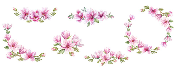 Pink magnolia set floral frame, flowers. Illustration. Watercolor isolated on white background. Close-up